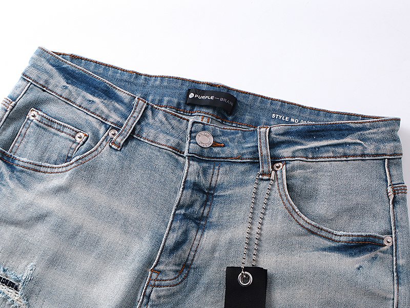 Purple Brand Light Blue Distressed Raw Hem Denim Shorts — detail