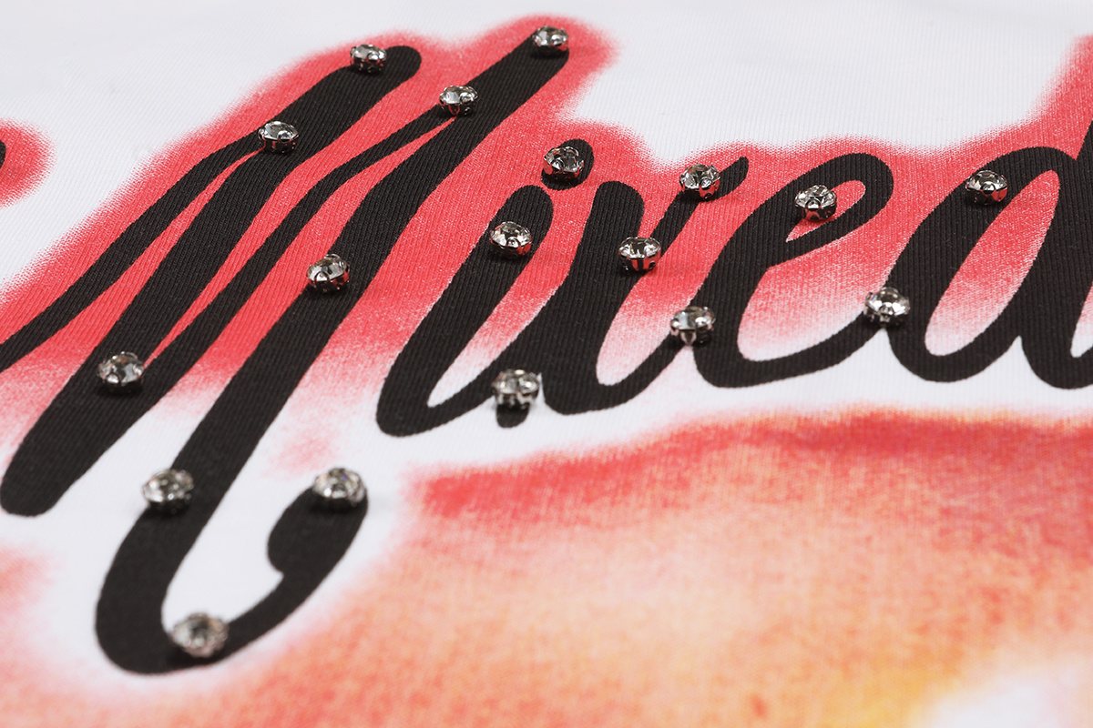 MIXED EMOTION Red Angel Rhinestone Graphic T-Shirt — detail