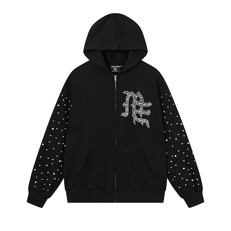 MIXED EMOTION Rhinestone Graphic Zip Hoodie — front