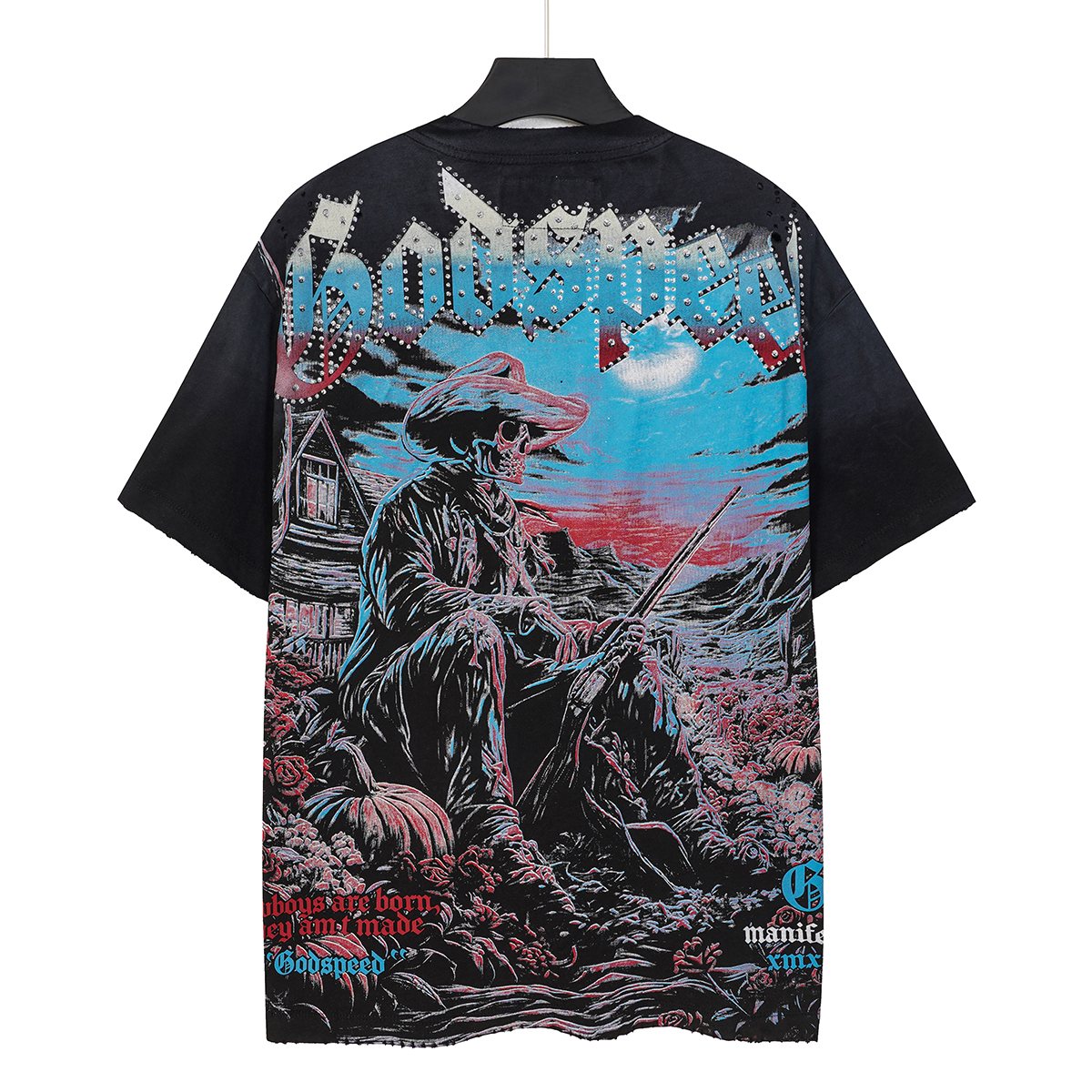 Godspeed Cowboy Skull Rhinestone-Style Short-Sleeve T-Shirt — back
