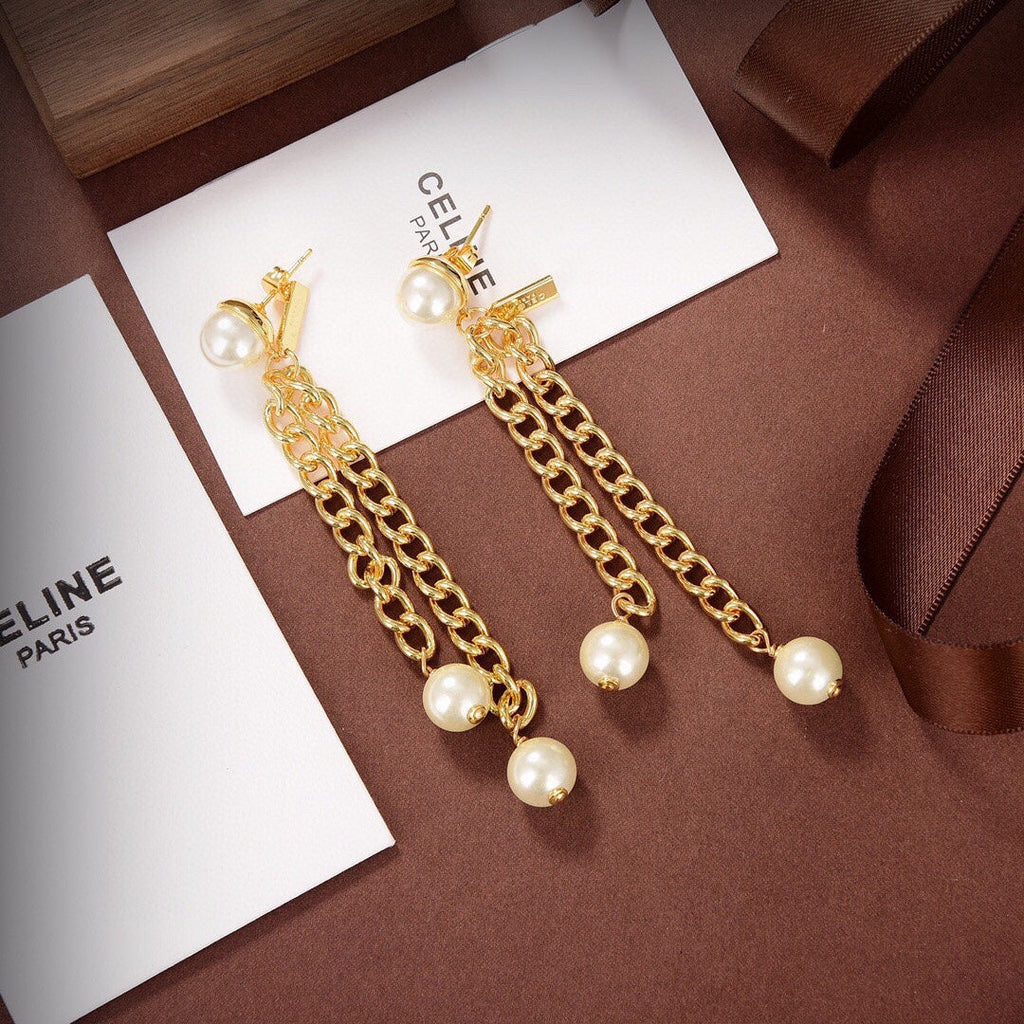 18K Celine Pearls Long Earrings