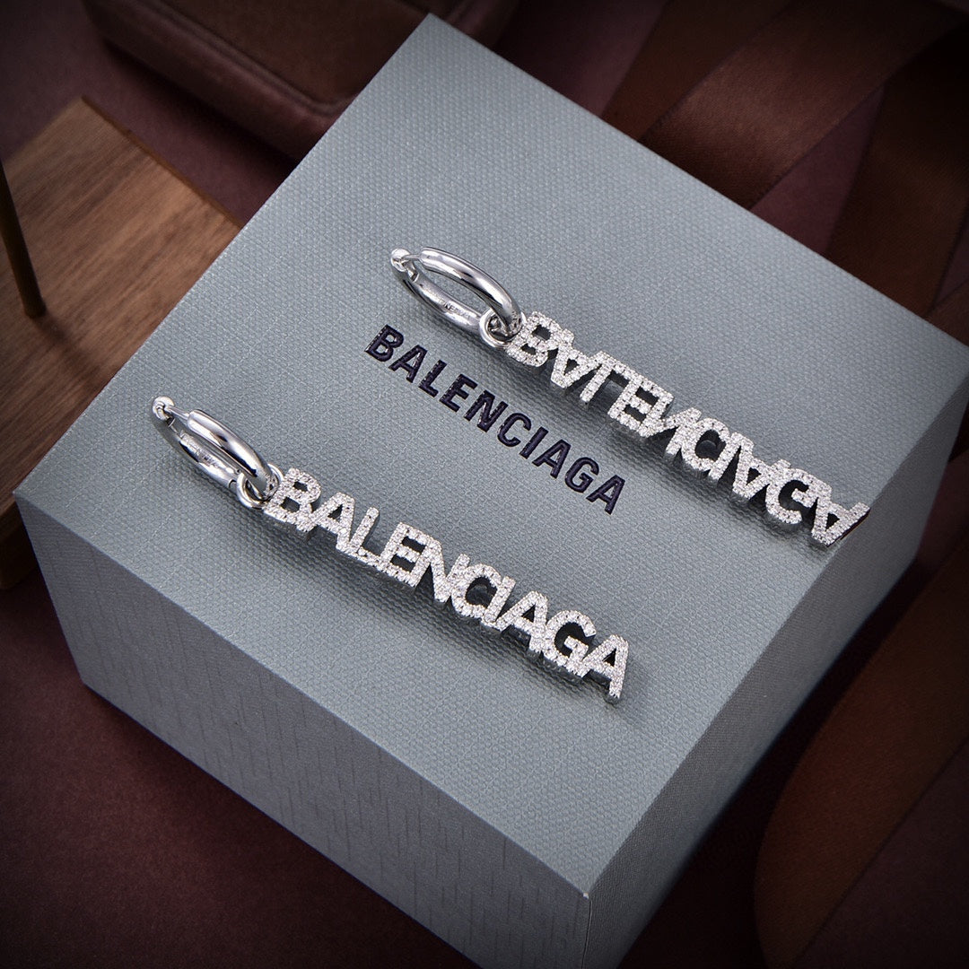 18K Balenciaga Typo Mirror Hoop Crystals Earrings