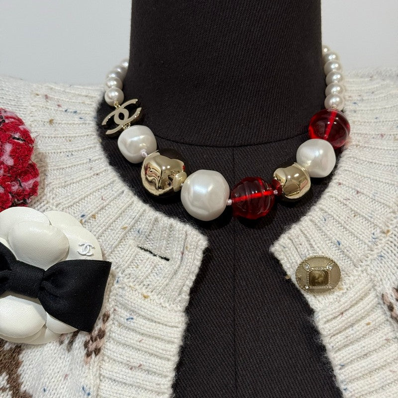 18K  Chanel Red Crystal Pearl Choker Necklace