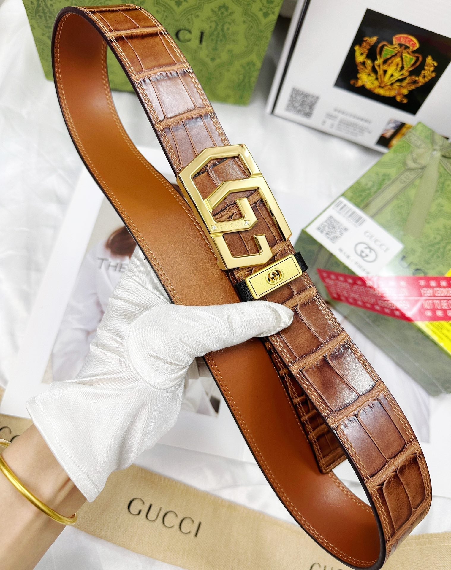 Croc-Embossed Leather Belt – Gold Geometric Buckle | Premium Men's Belt