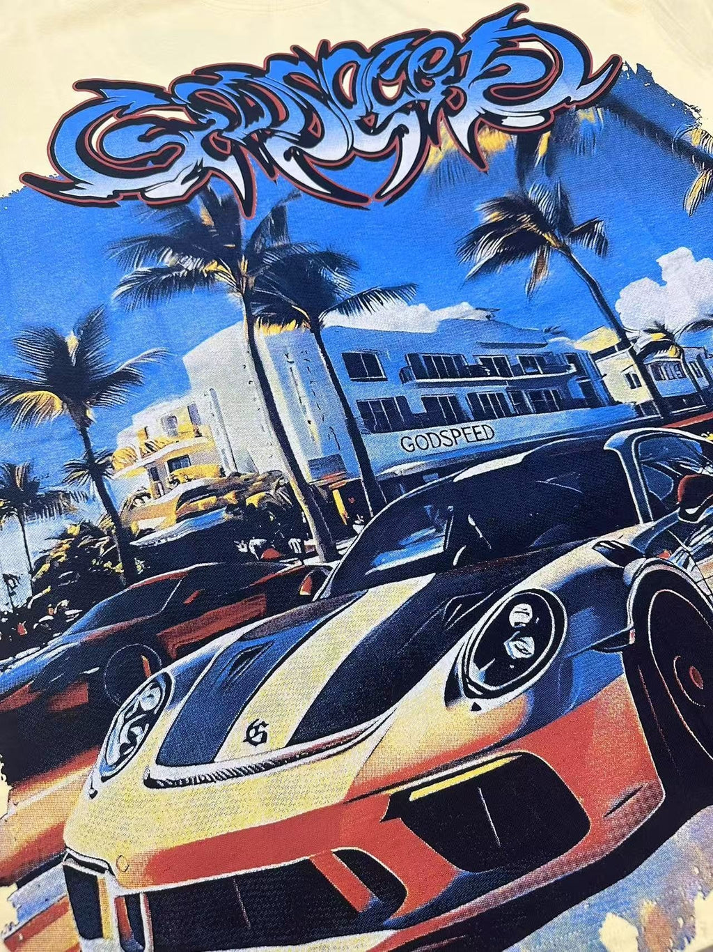 Godspeed Eye Sun Car Palm Graphic T-Shirt — detail